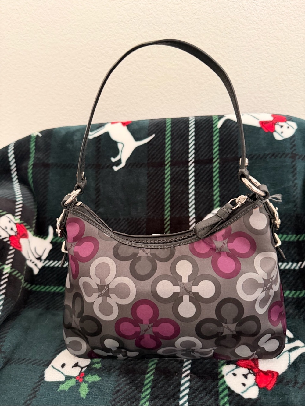 Coach Floral Signature Shoulder Bag in Gray, Pink & Magenta - Picture 2 of 4